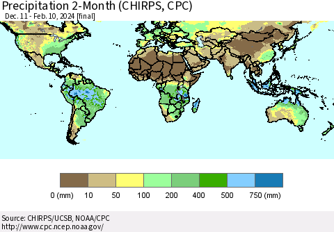 World Precipitation 2-Month (CHIRPS) Thematic Map For 12/11/2023 - 2/10/2024