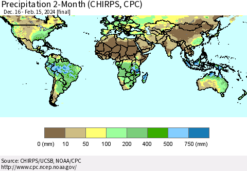 World Precipitation 2-Month (CHIRPS) Thematic Map For 12/16/2023 - 2/15/2024