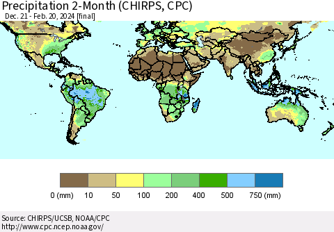 World Precipitation 2-Month (CHIRPS) Thematic Map For 12/21/2023 - 2/20/2024