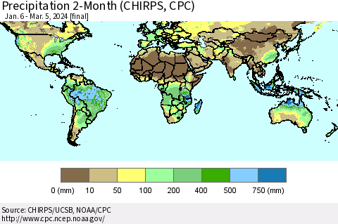 World Precipitation 2-Month (CHIRPS) Thematic Map For 1/6/2024 - 3/5/2024