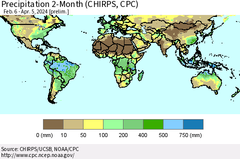 World Precipitation 2-Month (CHIRPS) Thematic Map For 2/6/2024 - 4/5/2024