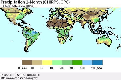 World Precipitation 2-Month (CHIRPS) Thematic Map For 2/16/2024 - 4/15/2024