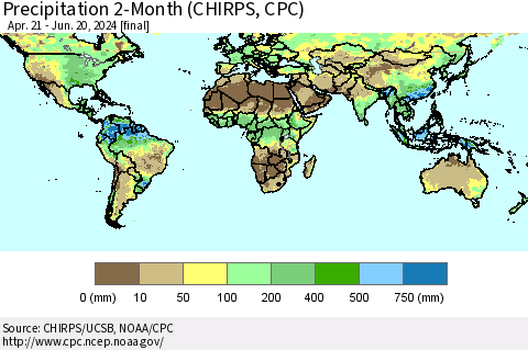 World Precipitation 2-Month (CHIRPS) Thematic Map For 4/21/2024 - 6/20/2024