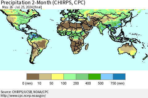 World Precipitation 2-Month (CHIRPS) Thematic Map For 5/26/2024 - 7/25/2024