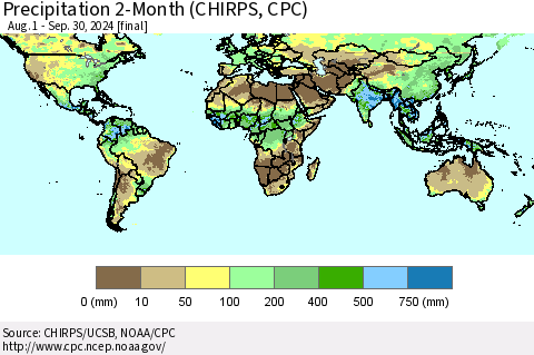 World Precipitation 2-Month (CHIRPS) Thematic Map For 8/1/2024 - 9/30/2024