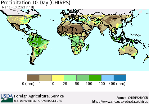 World Precipitation 10-Day (CHIRPS) Thematic Map For 3/1/2022 - 3/10/2022