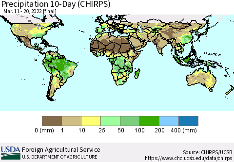 World Precipitation 10-Day (CHIRPS) Thematic Map For 3/11/2022 - 3/20/2022