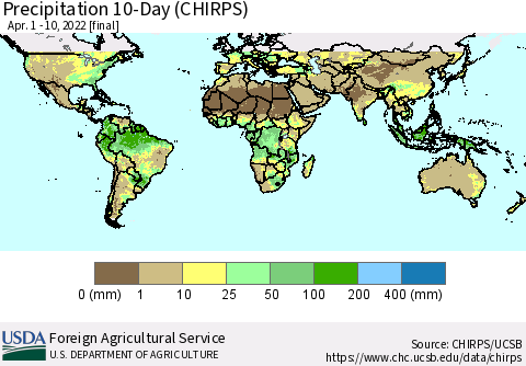 World Precipitation 10-Day (CHIRPS) Thematic Map For 4/1/2022 - 4/10/2022