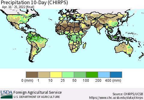 World Precipitation 10-Day (CHIRPS) Thematic Map For 4/16/2022 - 4/25/2022