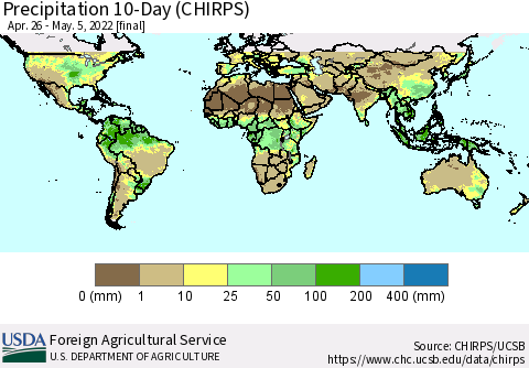 World Precipitation 10-Day (CHIRPS) Thematic Map For 4/26/2022 - 5/5/2022