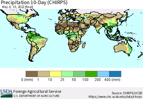 World Precipitation 10-Day (CHIRPS) Thematic Map For 5/6/2022 - 5/15/2022