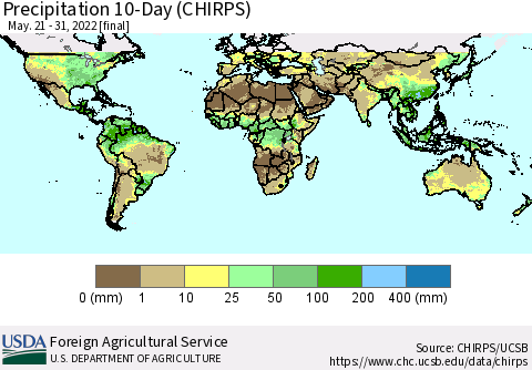 World Precipitation 10-Day (CHIRPS) Thematic Map For 5/21/2022 - 5/31/2022