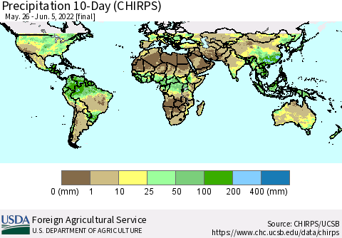 World Precipitation 10-Day (CHIRPS) Thematic Map For 5/26/2022 - 6/5/2022