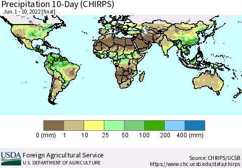 World Precipitation 10-Day (CHIRPS) Thematic Map For 6/1/2022 - 6/10/2022