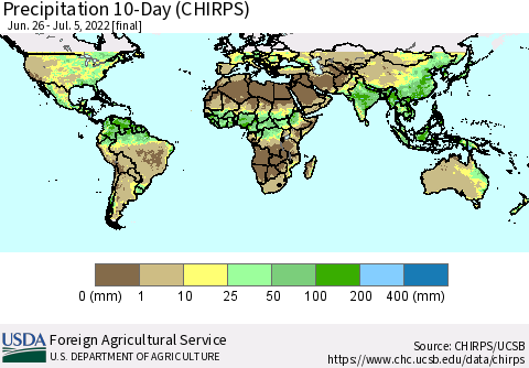 World Precipitation 10-Day (CHIRPS) Thematic Map For 6/26/2022 - 7/5/2022