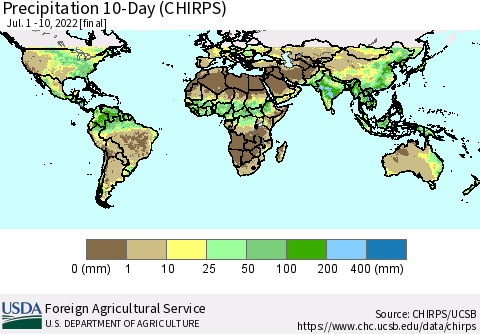 World Precipitation 10-Day (CHIRPS) Thematic Map For 7/1/2022 - 7/10/2022