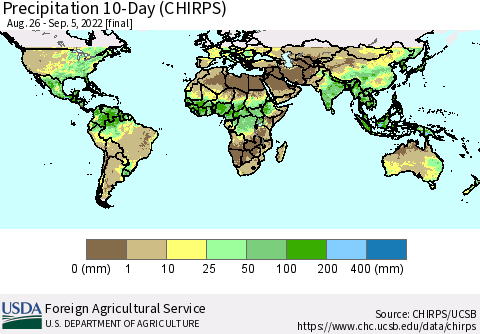 World Precipitation 10-Day (CHIRPS) Thematic Map For 8/26/2022 - 9/5/2022