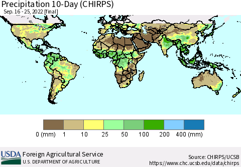 World Precipitation 10-Day (CHIRPS) Thematic Map For 9/16/2022 - 9/25/2022