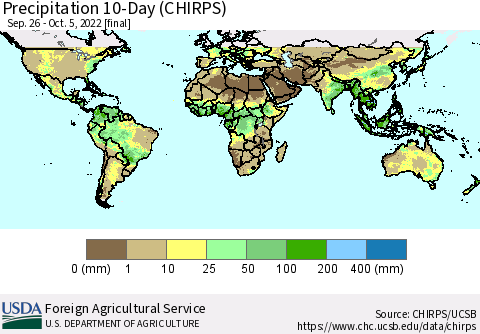 World Precipitation 10-Day (CHIRPS) Thematic Map For 9/26/2022 - 10/5/2022