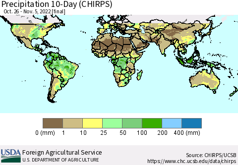 World Precipitation 10-Day (CHIRPS) Thematic Map For 10/26/2022 - 11/5/2022