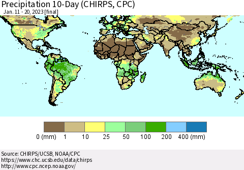 World Precipitation 10-Day (CHIRPS) Thematic Map For 1/11/2023 - 1/20/2023