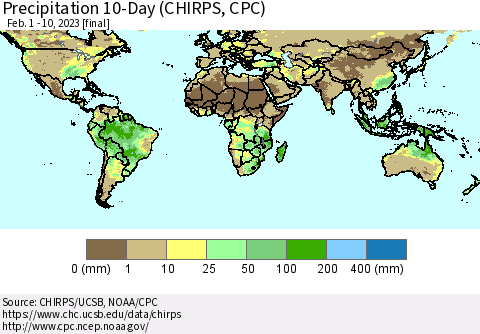 World Precipitation 10-Day (CHIRPS) Thematic Map For 2/1/2023 - 2/10/2023