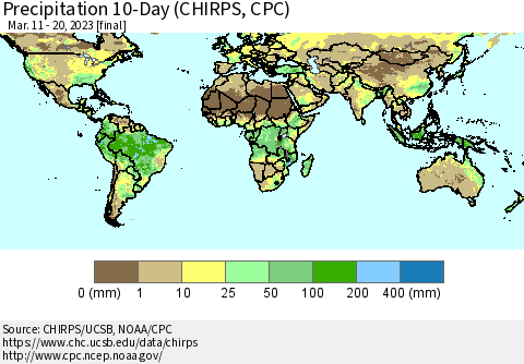 World Precipitation 10-Day (CHIRPS) Thematic Map For 3/11/2023 - 3/20/2023