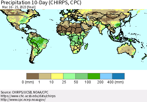 World Precipitation 10-Day (CHIRPS) Thematic Map For 3/16/2023 - 3/25/2023