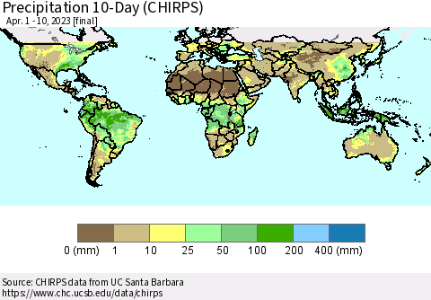 World Precipitation 10-Day (CHIRPS) Thematic Map For 4/1/2023 - 4/10/2023