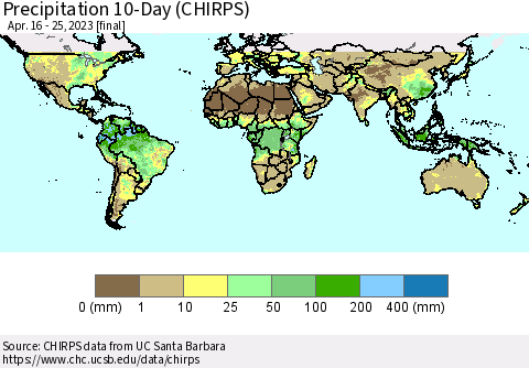 World Precipitation 10-Day (CHIRPS) Thematic Map For 4/16/2023 - 4/25/2023