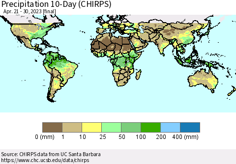 World Precipitation 10-Day (CHIRPS) Thematic Map For 4/21/2023 - 4/30/2023