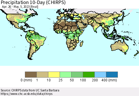World Precipitation 10-Day (CHIRPS) Thematic Map For 4/26/2023 - 5/5/2023