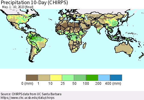 World Precipitation 10-Day (CHIRPS) Thematic Map For 5/1/2023 - 5/10/2023