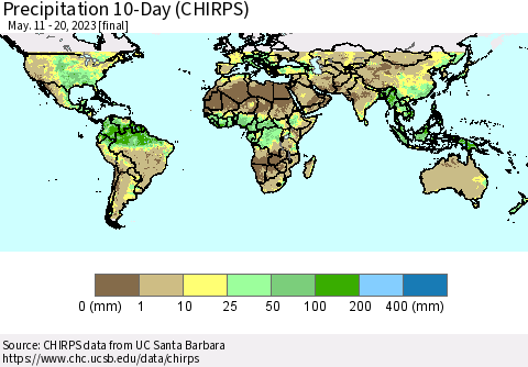 World Precipitation 10-Day (CHIRPS) Thematic Map For 5/11/2023 - 5/20/2023