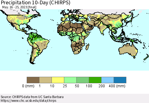 World Precipitation 10-Day (CHIRPS) Thematic Map For 5/16/2023 - 5/25/2023