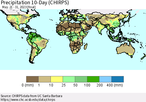 World Precipitation 10-Day (CHIRPS) Thematic Map For 5/21/2023 - 5/31/2023