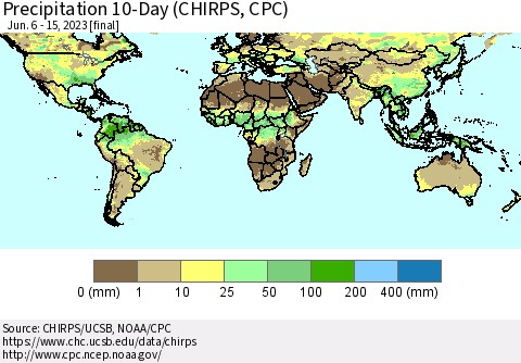 World Precipitation 10-Day (CHIRPS) Thematic Map For 6/6/2023 - 6/15/2023