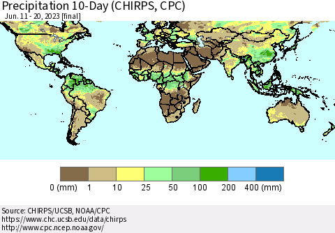 World Precipitation 10-Day (CHIRPS) Thematic Map For 6/11/2023 - 6/20/2023