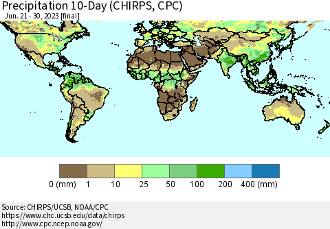 World Precipitation 10-Day (CHIRPS) Thematic Map For 6/21/2023 - 6/30/2023
