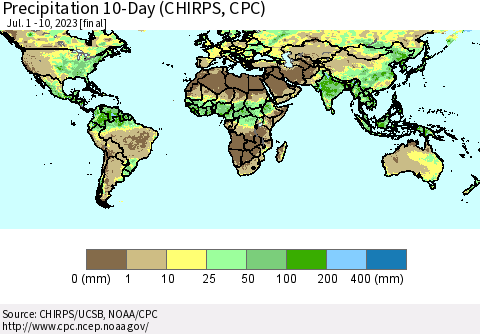 World Precipitation 10-Day (CHIRPS) Thematic Map For 7/1/2023 - 7/10/2023