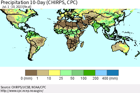 World Precipitation 10-Day (CHIRPS) Thematic Map For 7/1/2023 - 7/10/2023