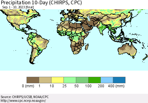 World Precipitation 10-Day (CHIRPS) Thematic Map For 9/1/2023 - 9/10/2023