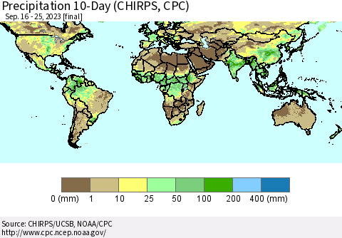World Precipitation 10-Day (CHIRPS) Thematic Map For 9/16/2023 - 9/25/2023