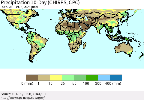 World Precipitation 10-Day (CHIRPS) Thematic Map For 9/26/2023 - 10/5/2023