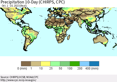 World Precipitation 10-Day (CHIRPS) Thematic Map For 10/1/2023 - 10/10/2023