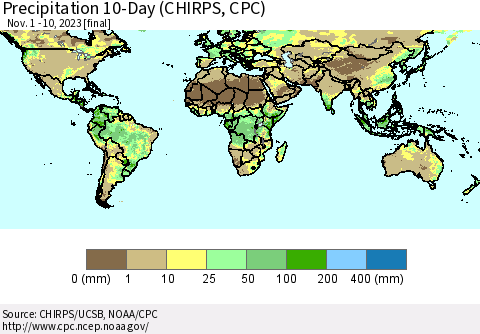 World Precipitation 10-Day (CHIRPS) Thematic Map For 11/1/2023 - 11/10/2023