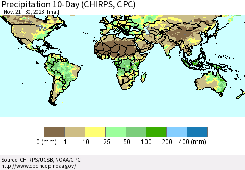 World Precipitation 10-Day (CHIRPS) Thematic Map For 11/21/2023 - 11/30/2023