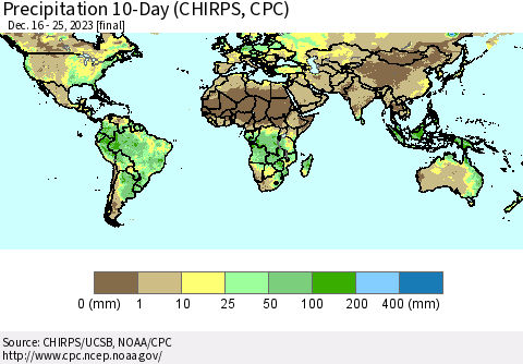 World Precipitation 10-Day (CHIRPS) Thematic Map For 12/16/2023 - 12/25/2023