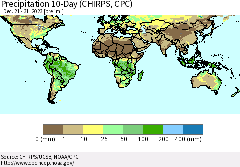 World Precipitation 10-Day (CHIRPS) Thematic Map For 12/21/2023 - 12/31/2023