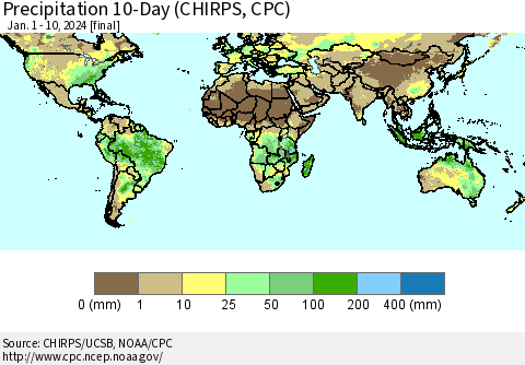 World Precipitation 10-Day (CHIRPS) Thematic Map For 1/1/2024 - 1/10/2024